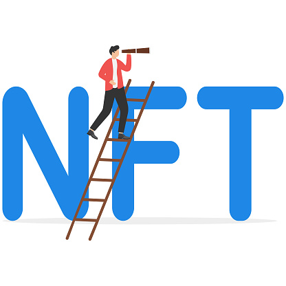 Non fungible token investment opportunity, survey NFT market for speculating, or new alternative way to increase income concept. Businessman with telescope climb up word NFT to seek opportunity.