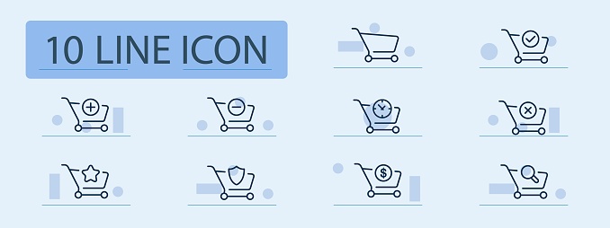 Shopping cart set line icon. Shopping, transportation, discounts, shop, supermarket, food, membership card. Pastel color background. Vector line icon for business and advertising