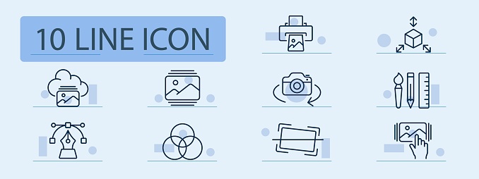 Content editing set line icon. Smartphone, technology, digital, photography, pictures, images, albums, collection. Pastel color background. Vector line icon for business and advertising
