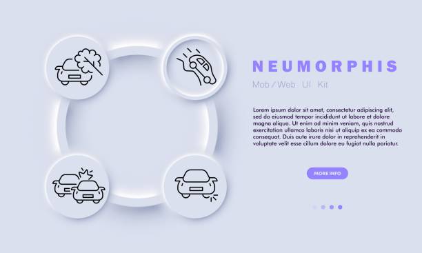 istock Car accident line icon. Car accident, collision, damaged vehicles, tree, collision, tire burst, ramp, slope. Neomorphism style. Vector line icon for business and advertising 2129504038