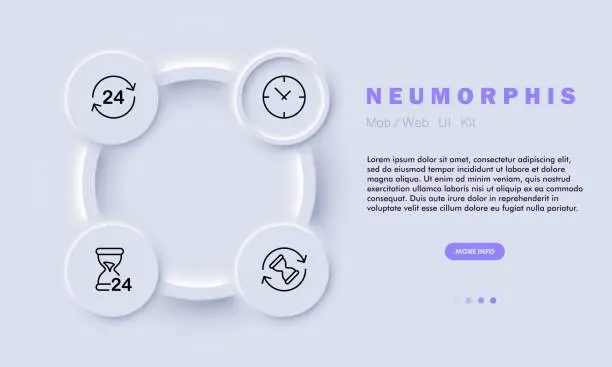 Vector illustration of Timer line icon. Wake-up, morning routine, punctual, clock, timer, arrow, seconds, minutes, 24 hours a day, bedside, reliable. Neomorphism style. Vector line icon for business and advertising