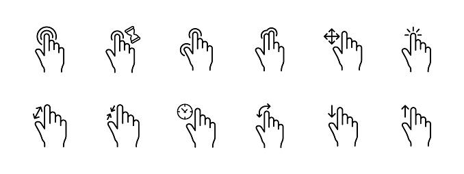 Gestures set icon. The hand clicks, holds, clicks with two fingers, expands, narrows, twirls, scrolls down and up. Gesture control concept. Vector line icon on white background.