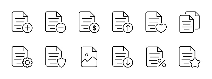 File set icon. Deleting, sending, blocking, reading, searching for files. Photos and finances in files, settings, configuring, download, upload. Working with files concept . Vector line icon.