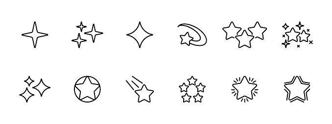 Stars set icon. Stars, clusters of stars, luminary, comet, system, shining star. Vector line icon on white background.