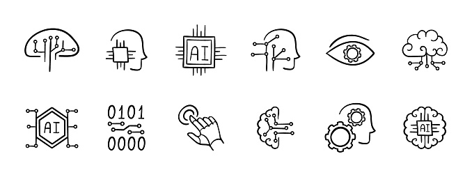 Artificial intelligence set icon. Neurons, implants, AI, human, implantable brain computer interfaces, code, communication. Modernization of human body, artificial intelligence. Vector line icon.