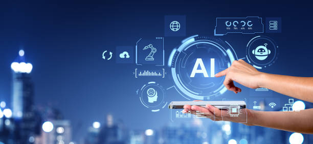 istock Woman using phone, AI hologram with robot controls and machine learning 2129506975