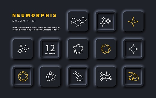 Stars set icon. Stars, clusters of stars, luminary, comet, system, shining star. Neomorphism style. Vector line icon