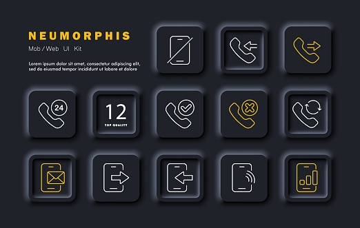 Call set icon. The handset accepts and rejects calls, communication 24/7. The presence and absence of communication, Wi Fi, email, the presence. Neomorphism style. Vector line icon