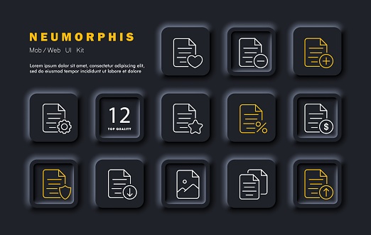 File set icon. Deleting, sending, blocking, reading, searching for files. Photos and finances in files, settings, configuring, download, upload. Neomorphism style. Vector line icon