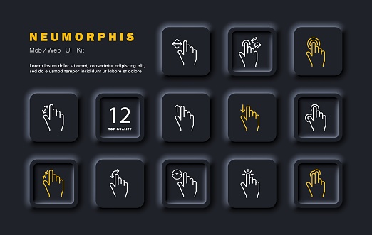 Gestures set icon. The hand clicks, holds, clicks with two fingers, expands, narrows, twirls, scrolls down and up. Gesture control concept. Neomorphism style. Vector line icon