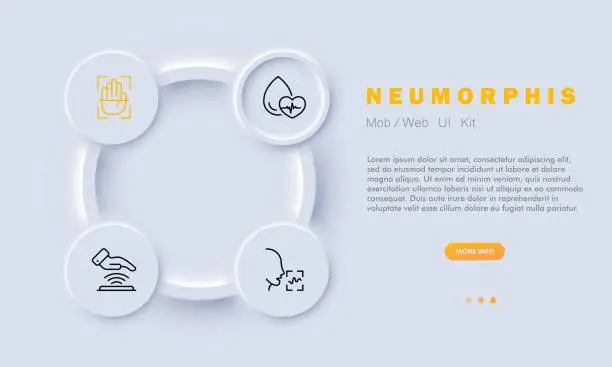 Vector illustration of Biometric data set line icon. Security, fingerprint, scanner. retina, fingers, hands, face. Neomorphism style. Vector line icon for business and advertising