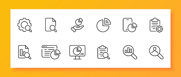 Banking icon set. Information collection, file, magnifying glass, cryptanalyst, smartphone, graph, monitor, diagram. Black icon on a white background. Vector line icon for business and advertising