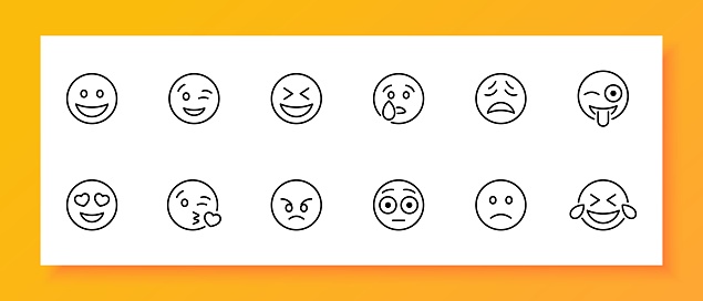 Emoji icon set. Nasty, emotions, comment, symbol, heart, feelings, messages, social networks, communication, messengers. Black icon on a white background. Vector line icon for business and advertising