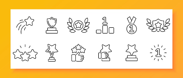 Feedback icon set. Rating, review, popularity, stars, comment, top. Black icon on a white background. Vector line icon for business and advertising