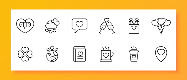 Dating site icon set. Heart, patch, sensitivity, planet, cupid, cupid, mug, book. Black icon on a white background. Vector line icon for business and advertising