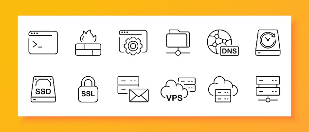 Internet icon set. SSD, storage device, server, host, local network, VPS, DNS, website, firewall. Black icon on a white background. Vector line icon for business and advertising