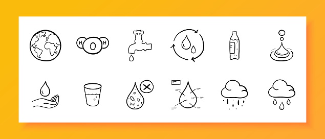 Water icon set. Global warming. climate. planet, liquid, thirst, pipeline, rain, clouds. Black icon on a white background. Vector line icon for business and advertising