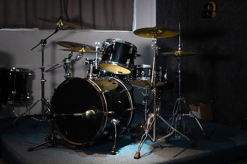 Close-up of a drum kit in a music studio