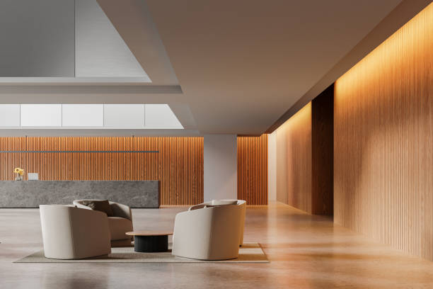 istock Modern office reception interior desk and waiting space, lobby design 2129526335