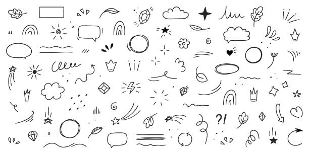 illustrazioni stock, clip art, cartoni animati e icone di tendenza di simpatici elementi della linea della penna doodle - scarabocchio-disegno