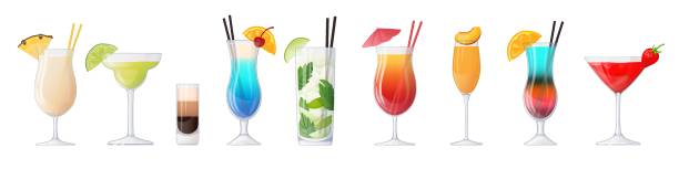 istock Various cocktails and spirits in cartoon glasses set 2129533932