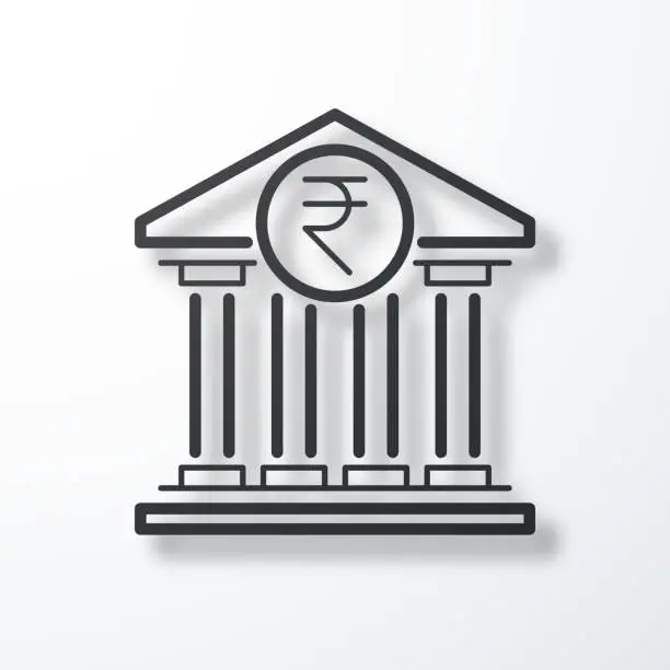 Vector illustration of Bank with Indian rupee sign. Line icon with shadow on white background