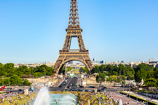 Historic Eiffel Tower (Tour Eiffel) from 19th century standing on Champs de Mars in Paris, France