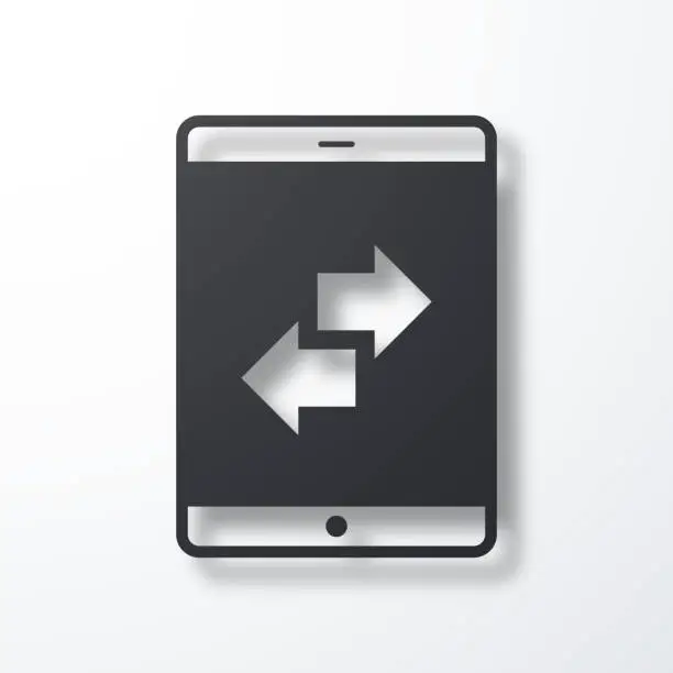 Vector illustration of Transfer with tablet PC. Icon with shadow on white background