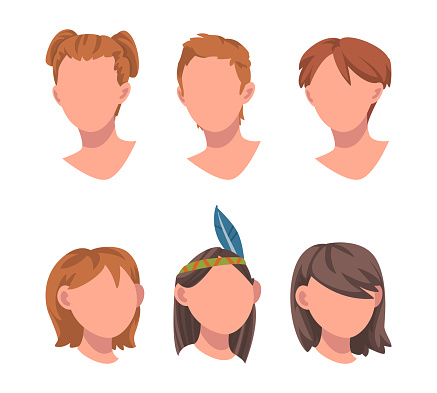 Woman Face with Head and Hairstyle Vector Set. Female Front Head Generator with Different Haircut Concept