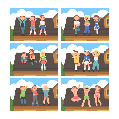 Man and Woman Character Lying on the Roof Sky Watching Vector Illustration Set. Young Male and Female Relaxing and Enjoying Hot Summer Day on Top of the House Concept