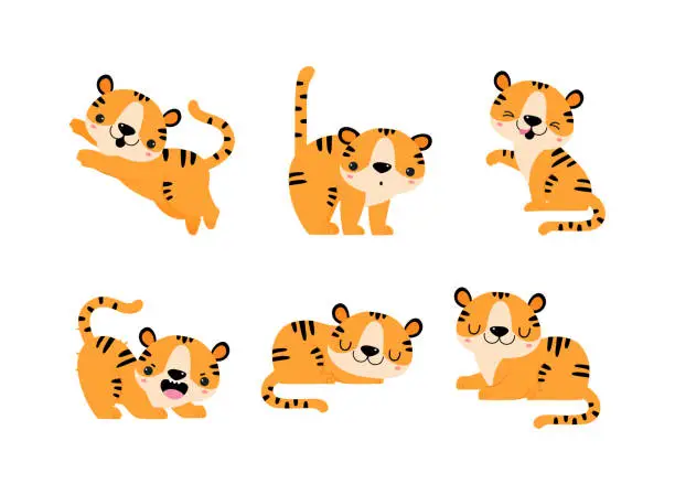 Vector illustration of Cute Little Striped Tiger Cub with Orange Fur in Different Pose Vector Set