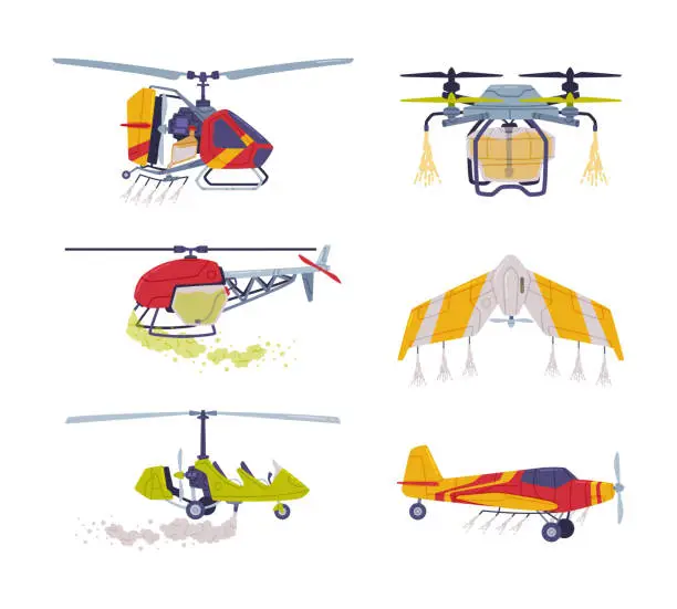 Vector illustration of Agricultural Biplane with Propeller for Aerial Application of Pesticides Vector Illustration Set