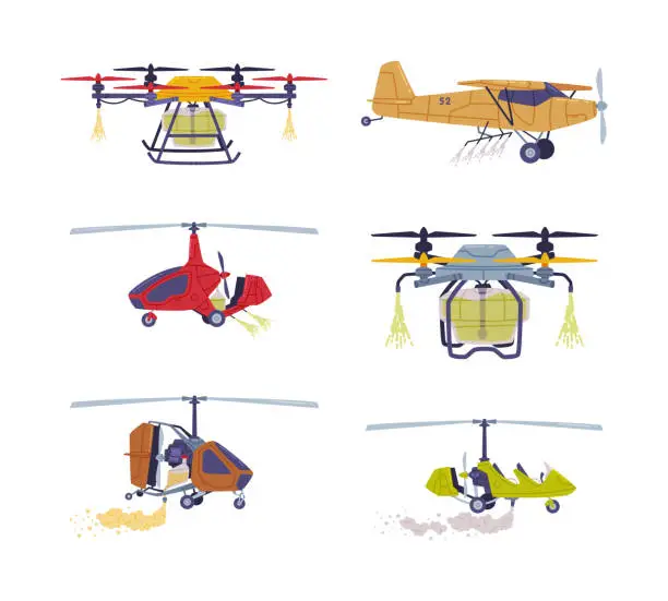 Vector illustration of Agricultural Biplane with Propeller for Aerial Application of Pesticides Vector Illustration Set