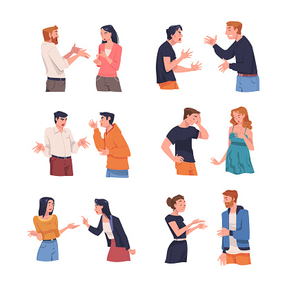 Angry Man and Woman Arguing Having Conflict with Each Other Vector Set. Young Male and Female Feeling Anger Having Aggression Towards Opponent Concept