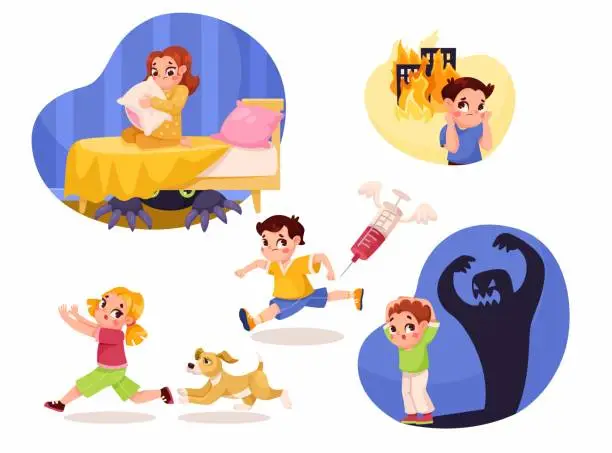 Vector illustration of Childhood Fears with Little Kid Character Afraid of Fire, Monster, Syringe and Dog Vector Set