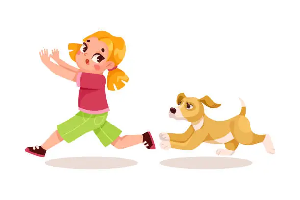 Vector illustration of Childhood Fear with Little Girl Character Afraid of Dog Escaping Vector Illustration