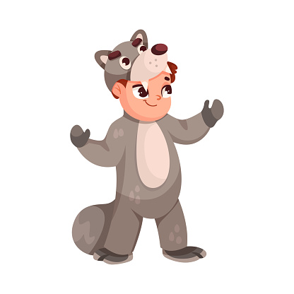 Little Boy in Theater Performance Wearing Wolf Costume Performing on Stage Vector Illustration. Cute Kid Acting in Entertainment Show
