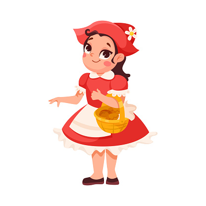Little Girl in Theater Performance Wearing Red Riding Hood Costume Performing on Stage Vector Illustration. Cute Kid Acting in Entertainment Show