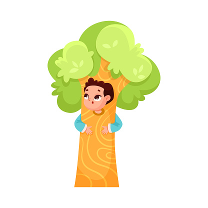 Little Boy in Theater Performance Wearing Tree Costume Performing on Stage Vector Illustration. Cute Kid Acting in Entertainment Show