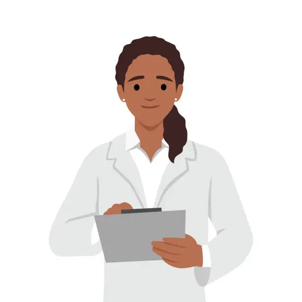 Vector illustration of Woman doctor writing on clip board.