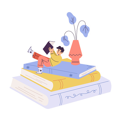 Little Boy with Open Book Lying on Huge Book Reading Interested with Story Vector Illustration. Funny Kid Book Lover Enjoying Hobby Activity