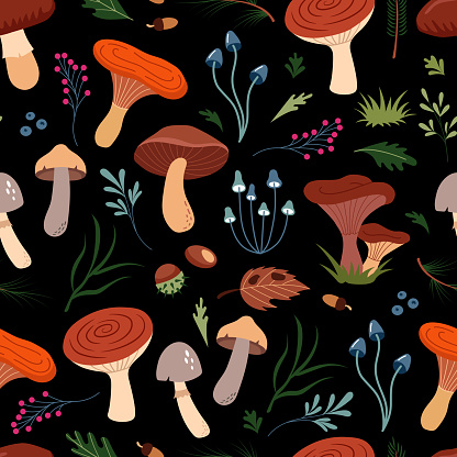 Vector seamless pattern of cute forest icons - mushrooms, berries, chestnuts, pine needles, leaves. Beautiful trendy background for packaging, fabric, wallpaper.