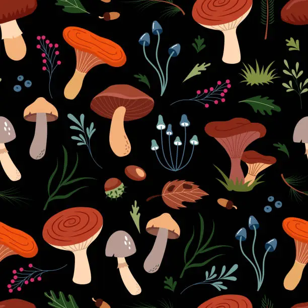 Vector illustration of Vector seamless pattern of cute forest icons - mushrooms, berries, chestnuts, pine needles, leaves. Beautiful trendy background for packaging, fabric, wallpaper.