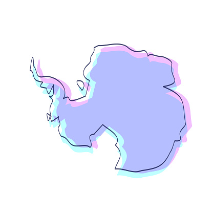 Map of Antarctica sketched and isolated on a white background. The map is purple with a black outline. Pink and blue are overlapped to create a modern visual effect, looking like anaglyph image. The combination of pink and blue in this illustration creates a predominantly purple map. Vector Illustration (EPS file, well layered and grouped). Easy to edit, manipulate, resize or colorize. Vector and Jpeg file of different sizes.