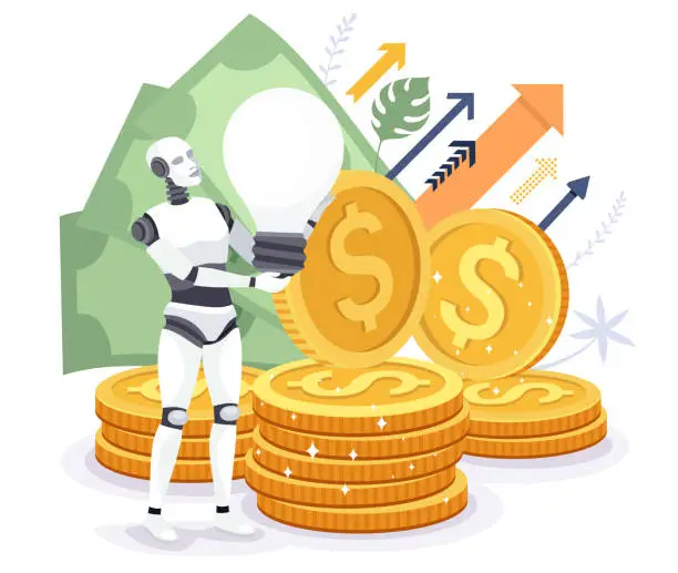 Vector illustration of The Chat Bot Robot Presenting an Idea on How to Make a Lot of Money.