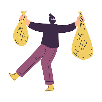 Man Criminal and Bandit Character with Mask Carry Money Sack Commit Crime Vector Illustration. Male Outlaw Perform Unlawful Act