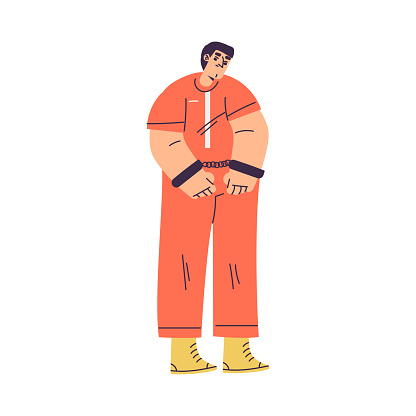 Man Criminal and Bandit Character in Orange Outfit with Chain Vector Illustration. Male Outlaw in Prison