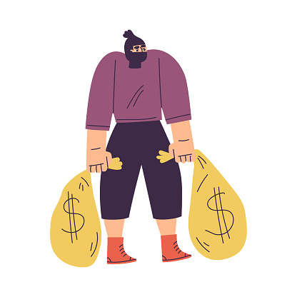 Man Criminal and Bandit Character with Mask Carry Money Sack Commit Crime Vector Illustration. Male Outlaw Perform Unlawful Act