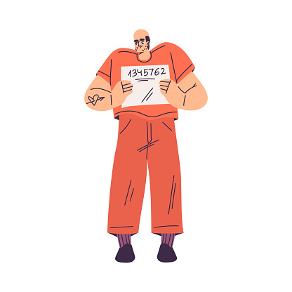 Man Criminal and Bandit Character in Orange Outfit with Number Vector Illustration. Male Outlaw in Prison