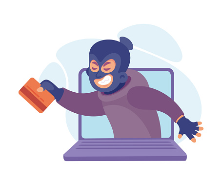 Cyber Swindler Man in Mask Look from Laptop Screen with Card Hacking Internet Steal Money Vector Illustration. Male Scammer and Hacker Engaged in Cybercrime and Fraud